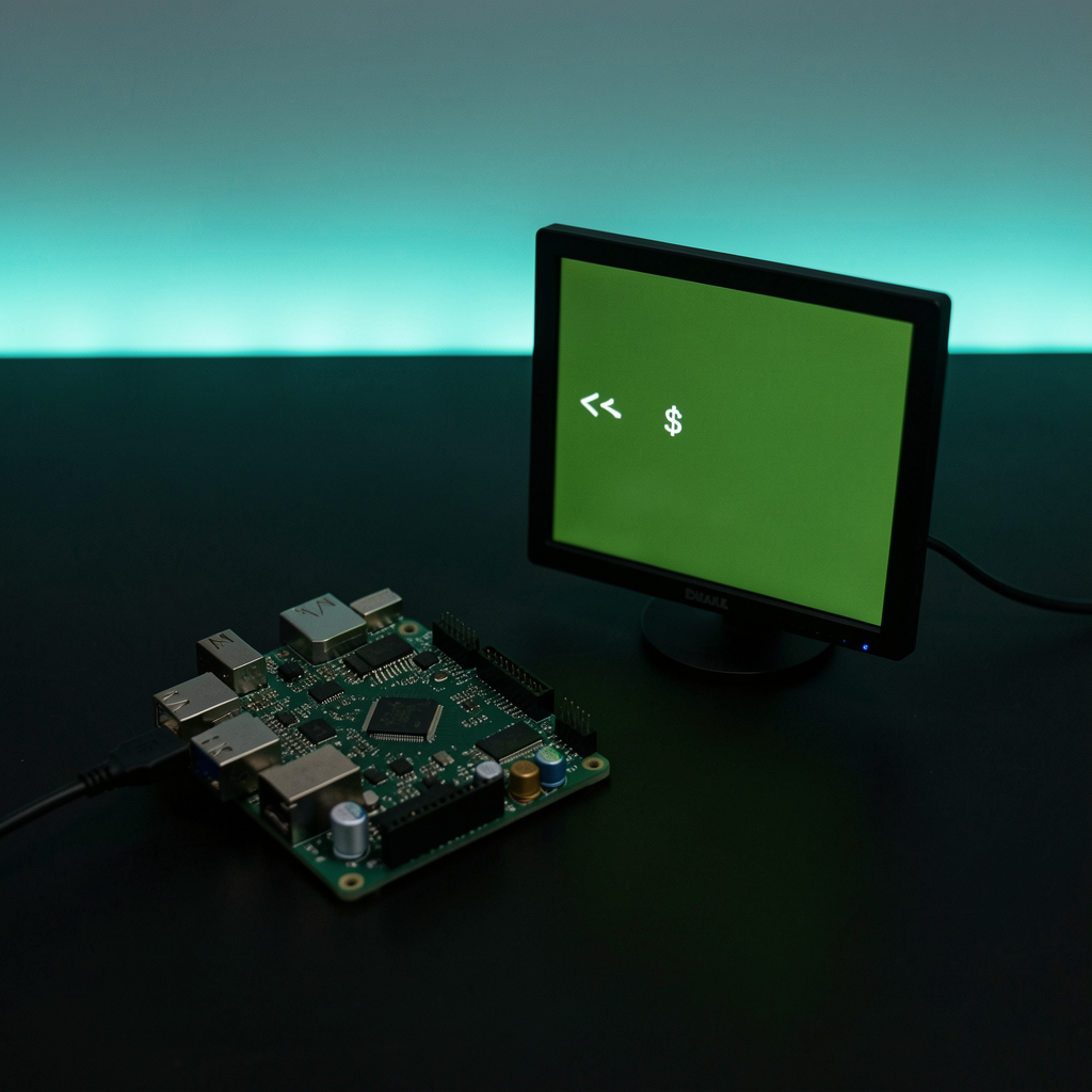 A Raspberry Pi with a small monitor showing a Linux terminal prompt, on a dark desk with cyan accent light.