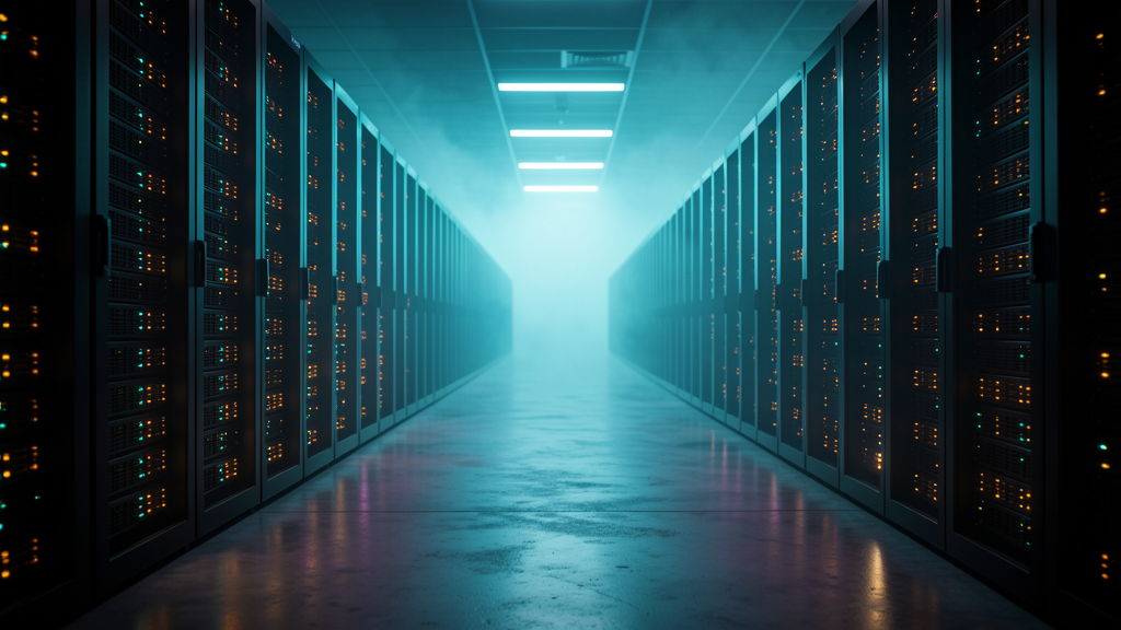A dark editorial photo of a server-room aisle with rows of racks vanishing into cyan haze, amber and cyan LED activity lights.