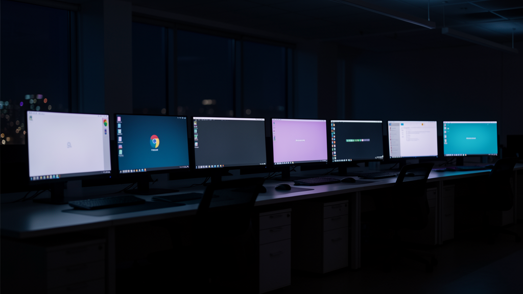 A row of six curved monitors in a dark room, each running a different Linux desktop environment.