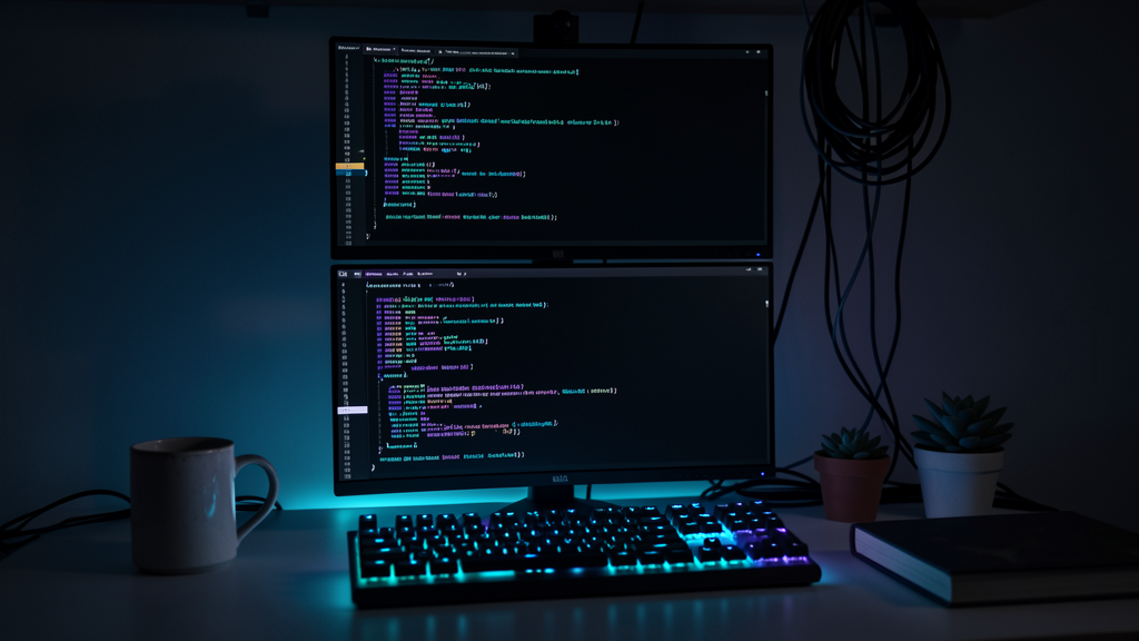 A dark photo of a programmer's workstation with two stacked monitors running a Linux terminal, lit only by the screen and keyboard.