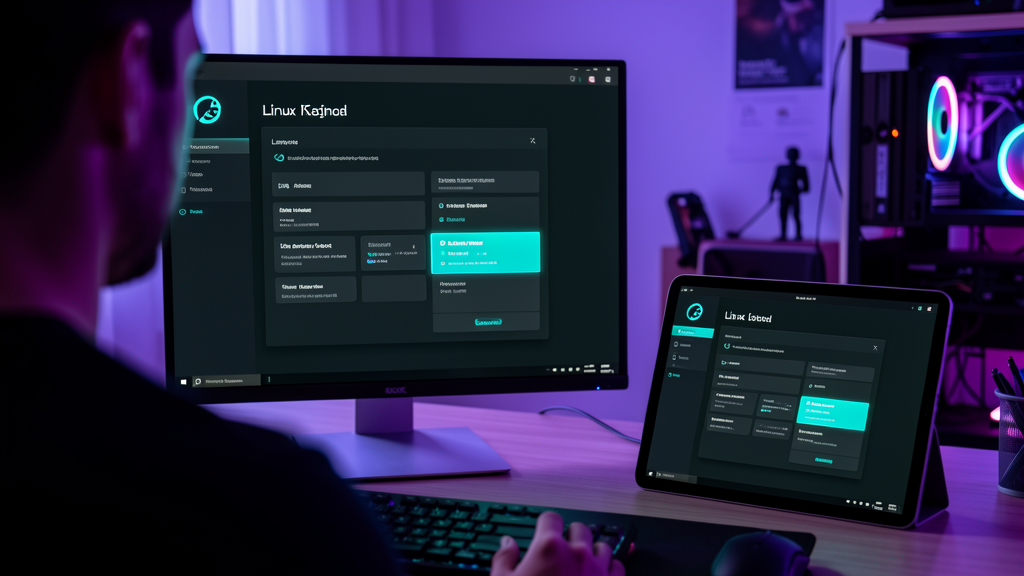 Over-the-shoulder photograph of a 4K monitor mid-install with a Linux installer in dark theme, glowing cyan against a dark home office.