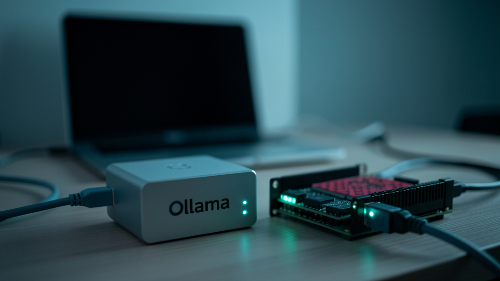 A self-contained home-lab AI server setup with a mini PC and a Raspberry Pi, both with cyan status LEDs, beside a blurred laptop.