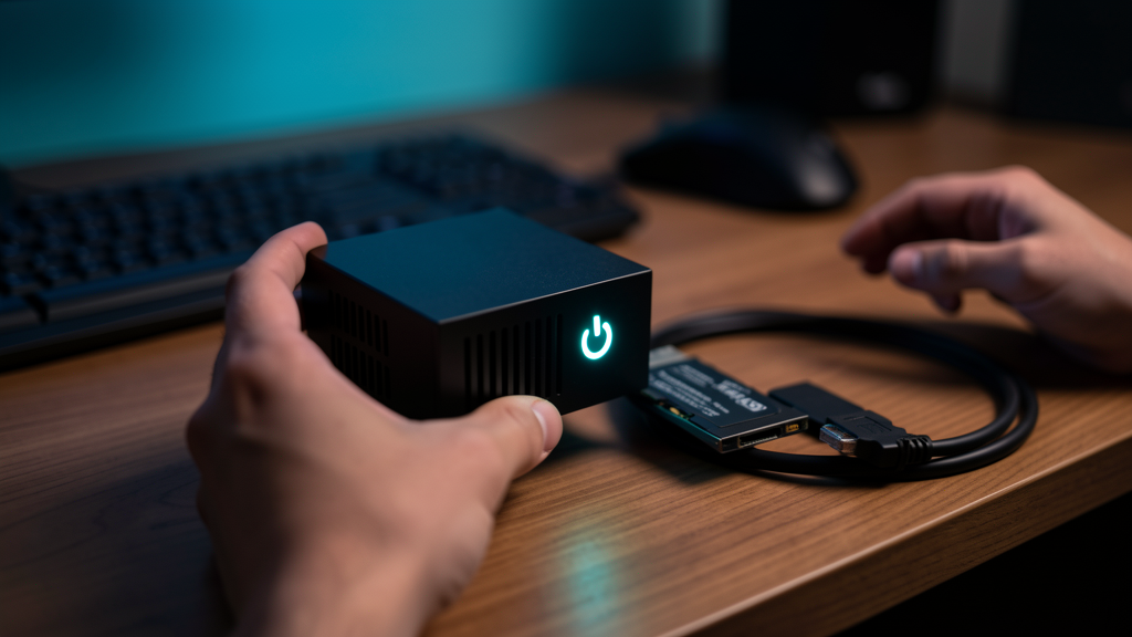 A small fanless mini PC held in two hands on a quiet desk, alongside an external SSD and an ethernet cable.