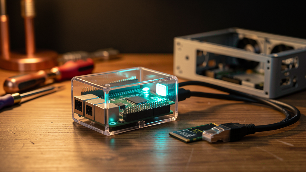A Raspberry Pi 5 single-board computer mounted beside a small SSD and an ethernet cable on a wooden desk, softly lit in tungsten.