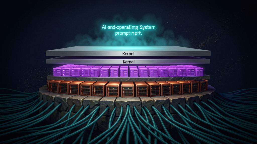 A dark editorial visualisation of layered technology stacks: a glowing cyan prompt at the top, sitting above kernel, container, server, and network layers.